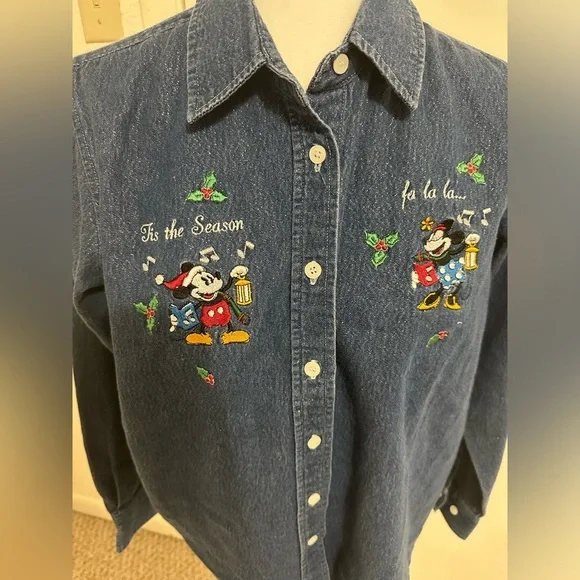 Vintage Tis The Season Mickey Mouse Shimmery Button Down Shirt Size Small - Picture 3 of 10